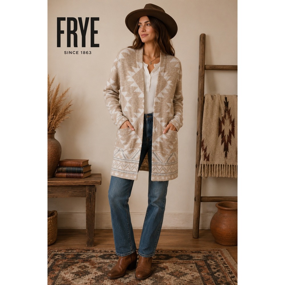 Frye Womens Southwestern Geometric Open Front Cardigan Sweater Tan Cream Medium